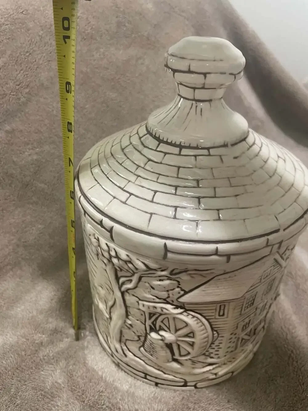 Vintage Ceramic Water Mill Embossed Cookie Jar